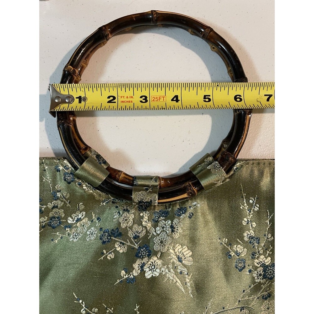 Asian Inspired Green Floral Handbag Brown Bamboo Handles - Picture 15 of 15